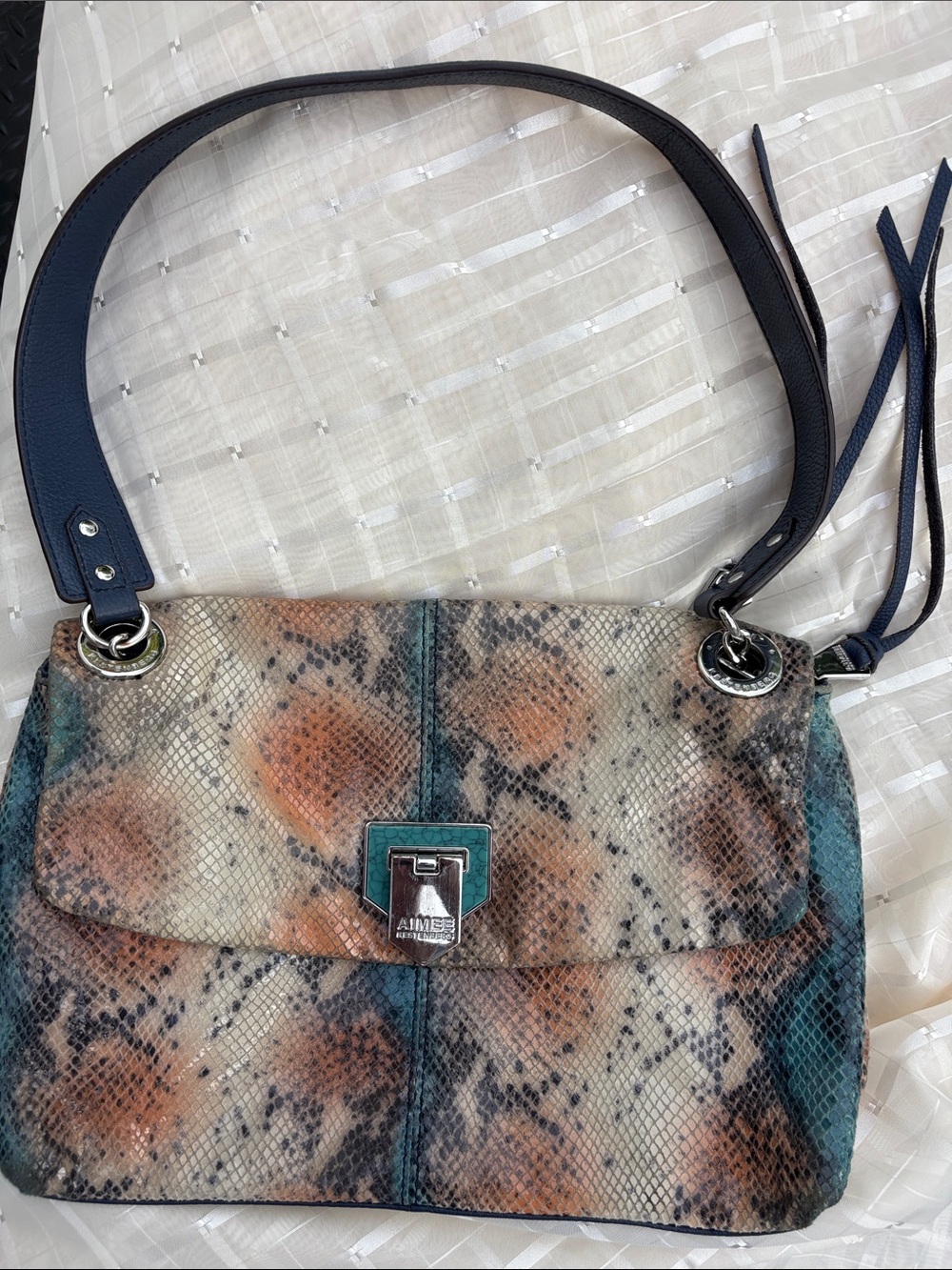 Aimee Kestenberg Snakeskin Print Leather Shoulder Bag - Turquoise Coloured Clasp